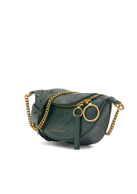 Charles Keith Ring Decoration Street Fashion Belt Bag Dark Green